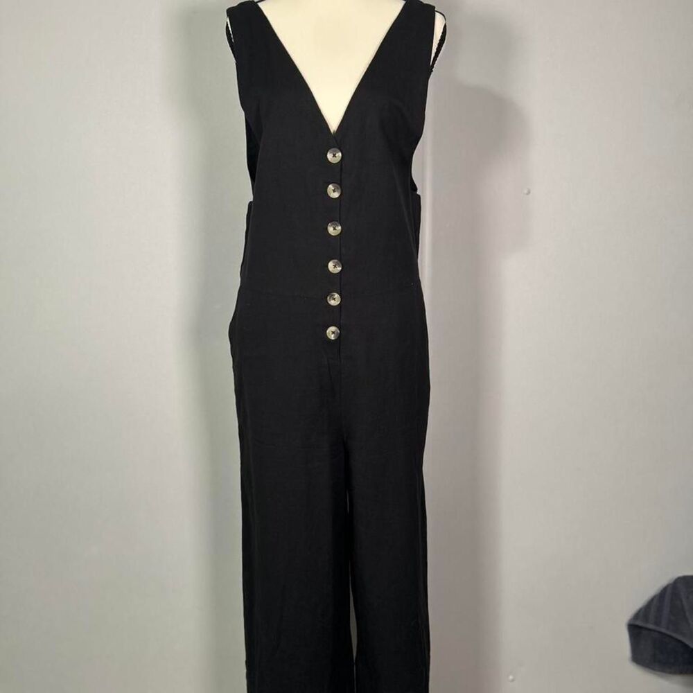 World Market Black Button Front Wide Leg Jumpsuit S/M Boho